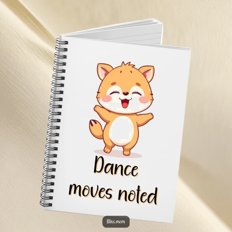 Funny animal notebook doing a happy dance with eyes closed, ideal for capturing inspired thoughts with a joyful vibe.