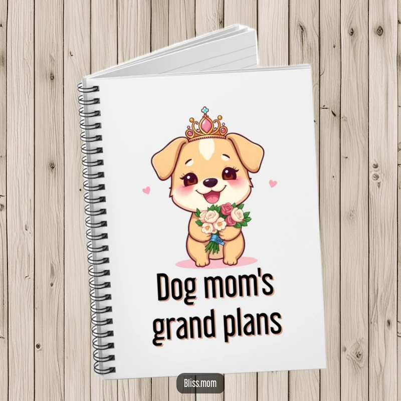 Funny notebook with a joyous dog mom wearing a sparkly tiara and holding a bouquet, ideal for dog mom notes.
