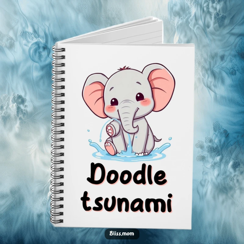 Funny happy kawaii elephant spraying water with delight, on a notebook cover, inspiring cheerful thoughts and creative writing.