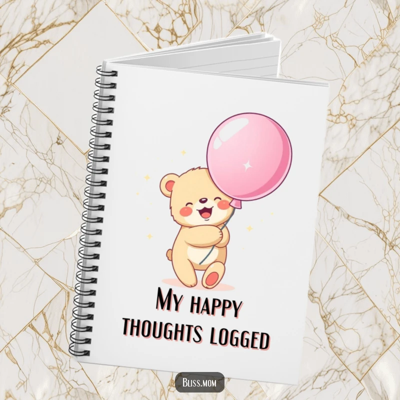 Funny notebook cover with a bear cub hugging a giant, sparkly balloon, perfect for journaling happy thoughts.