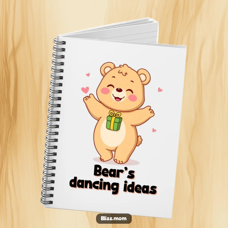 Funny notebook with a happy bear mom playfully dancing with a small gift, ideal for bear mom notes.
