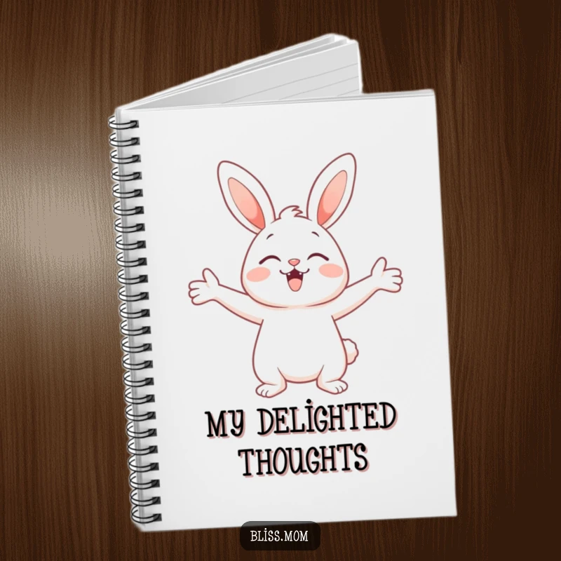 Funny notebook cover featuring a cute bunny with arms wide open, symbolizing pure delight and an eagerness to capture happy thoughts.