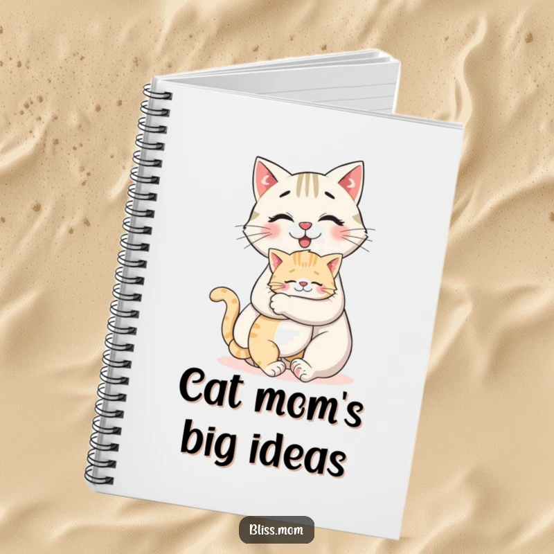 Funny notebook with a smiling cat mom receiving a hug from her kitten, great for cat lovers' notes.