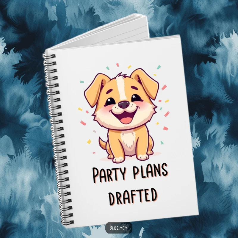 Funny notebook featuring a happy dog character with a beaming smile, surrounded by colorful confetti, perfect for writing with festive flair.