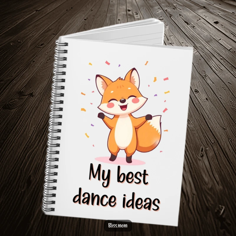 Funny notebook cover showing a cheerful fox performing an energetic dance amidst a shower of confetti, inspiring creativity and joy.