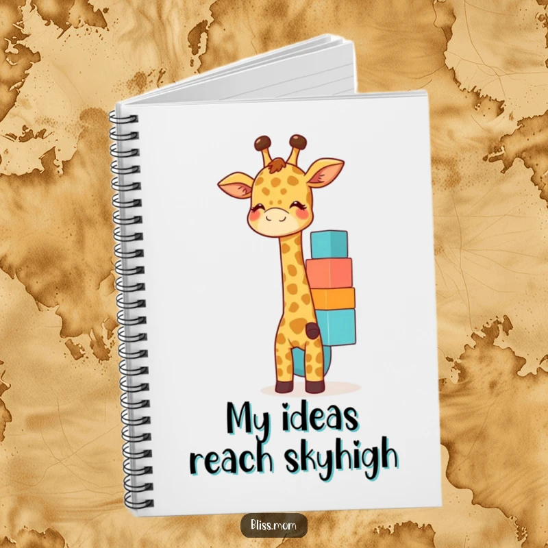 Funny giraffe mom notebook with a giggling mother giraffe balancing colorful blocks, great for notes and drawings.
