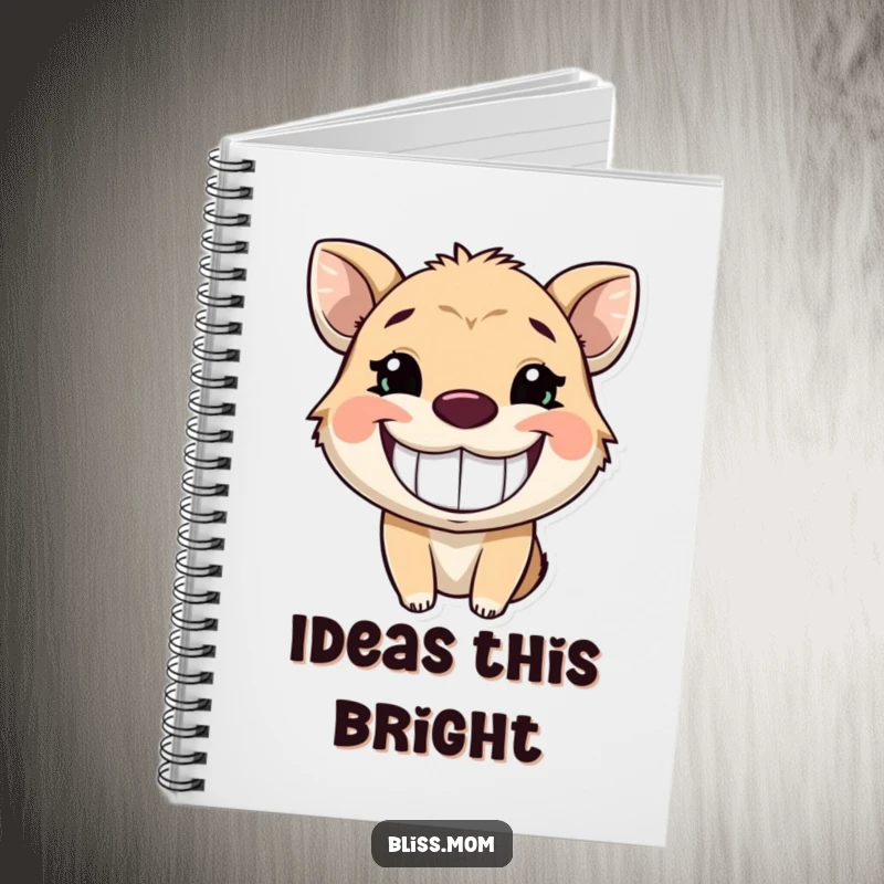 Funny notebook with an animal sporting a wide, infectious, glowing grin, encouraging users to fill its pages with joy.