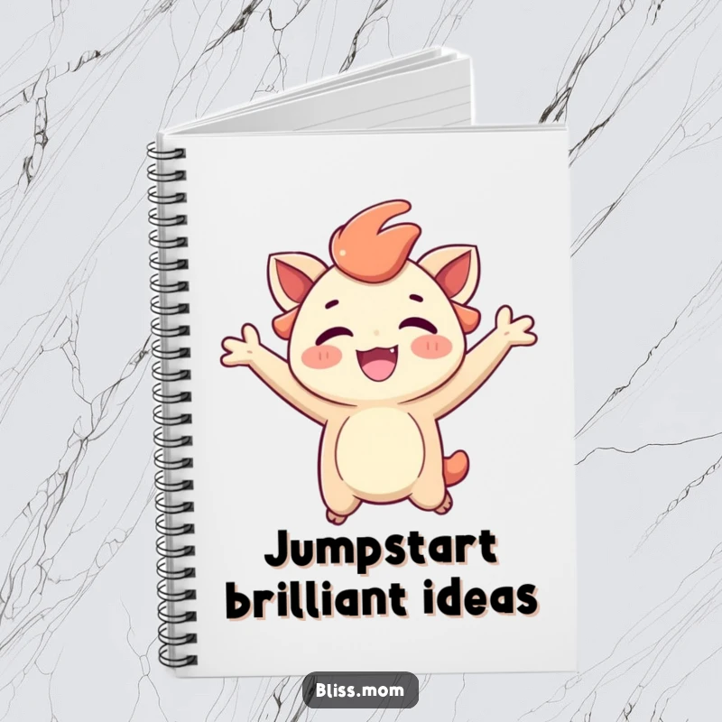Funny notebook cover featuring a creature joyfully jumping with a radiant, carefree expression, perfect for inspiration.
