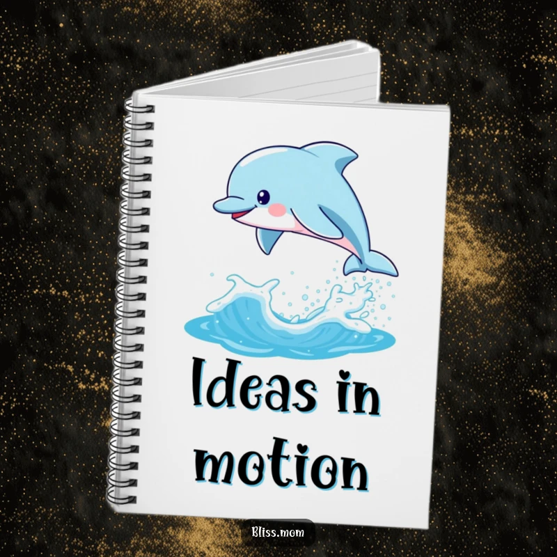 Funny Kawaii Dolphin Mom Notebook, playfully leaping from a sparkling wave, perfect for jotting down ideas with ocean flair.