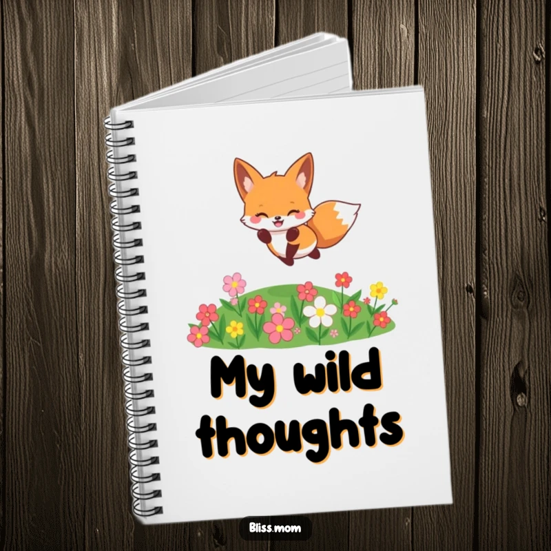 Funny cheerful kawaii fox jumping over flowers, cute woodland journal, perfect for writing, funny gift.
