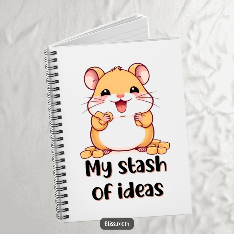Funny delighted kawaii hamster stuffing cheeks with treats, cute rodent journal, perfect for notes, funny gift.