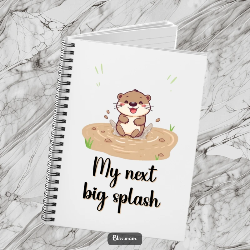 Funny notebook with a happy otter sliding down a muddy bank creating a splash, ideal for journaling and notes.