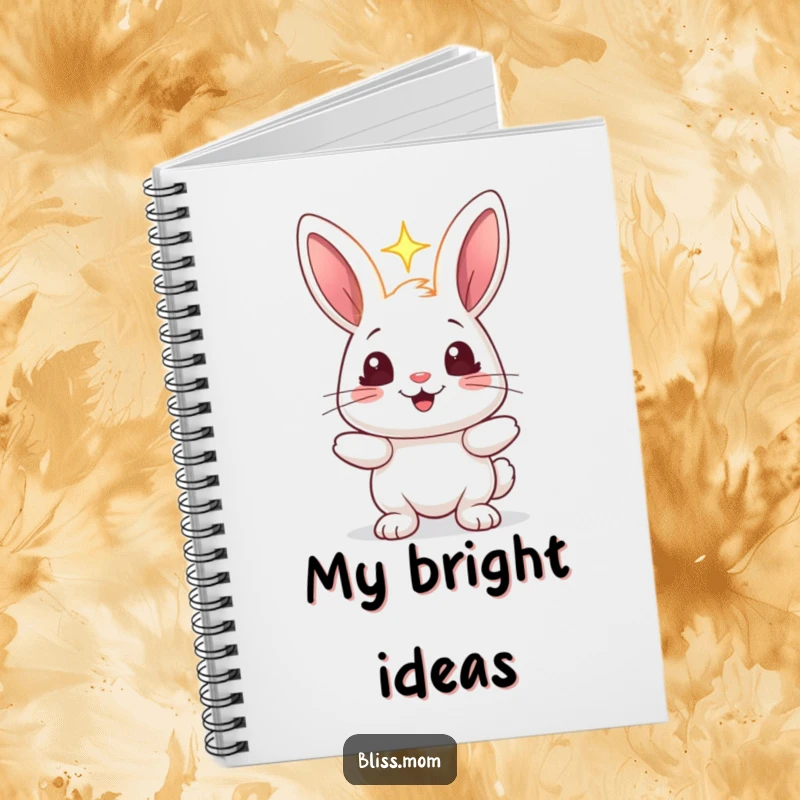 Funny rabbit notebook featuring a cheerful bunny holding a radiant light, its eyes sparkling, perfect for writing down bright ideas.