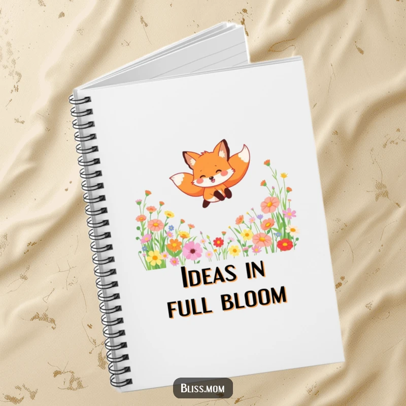 Funny notebook with a gleeful fox leaping through a field of wildflowers, ideal for journaling, writing, or sketching.