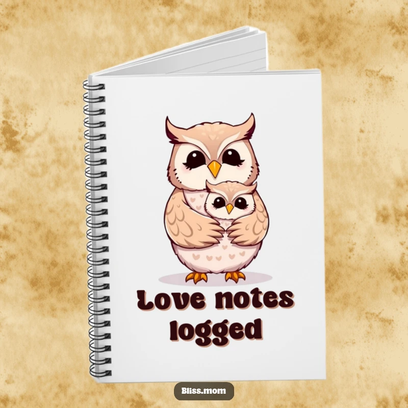 Funny Mother Owl notebook featuring a mom owl receiving a warm hug from its cute owlet.