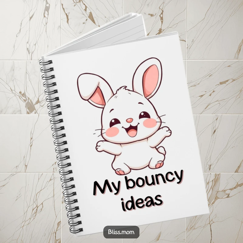 Funny joyful kawaii bunny with floppy ears bouncing excitedly, cute rabbit journal, perfect for notes, funny gift.