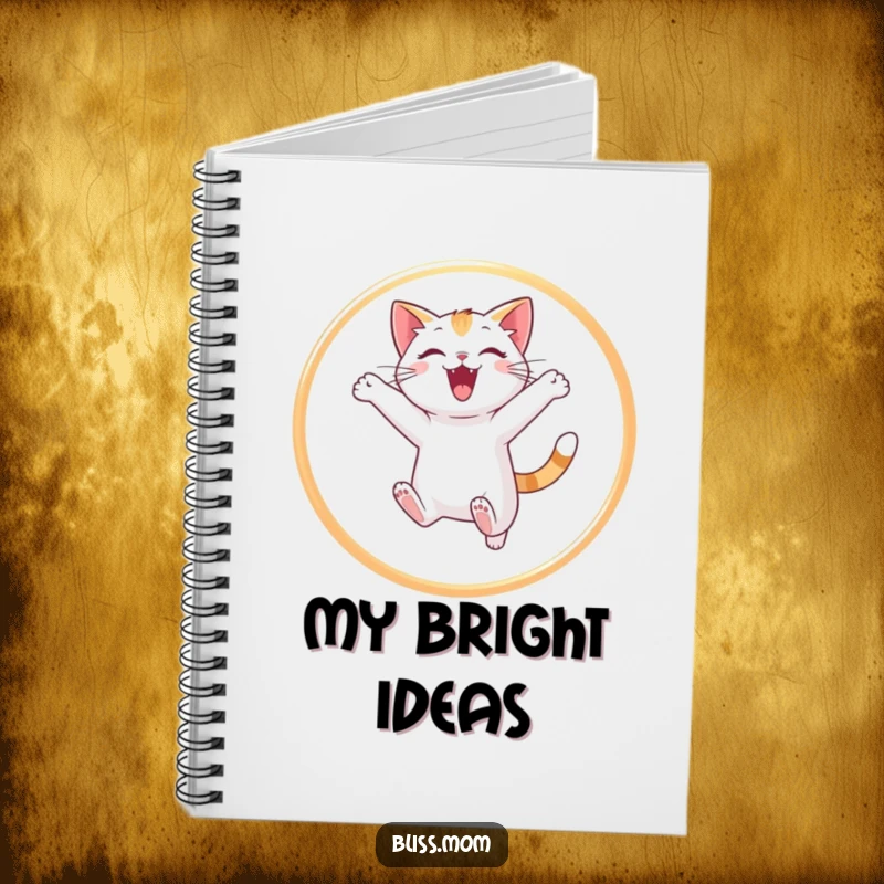 Funny cat notebook with a playful cat jumping through a light hoop, perfect for jotting down bright ideas and daily thoughts.
