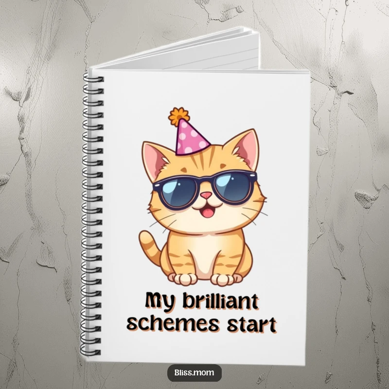 Funny notebook cover featuring a giggling cat in sunglasses and a party hat, perfect for jotting down funny notes.