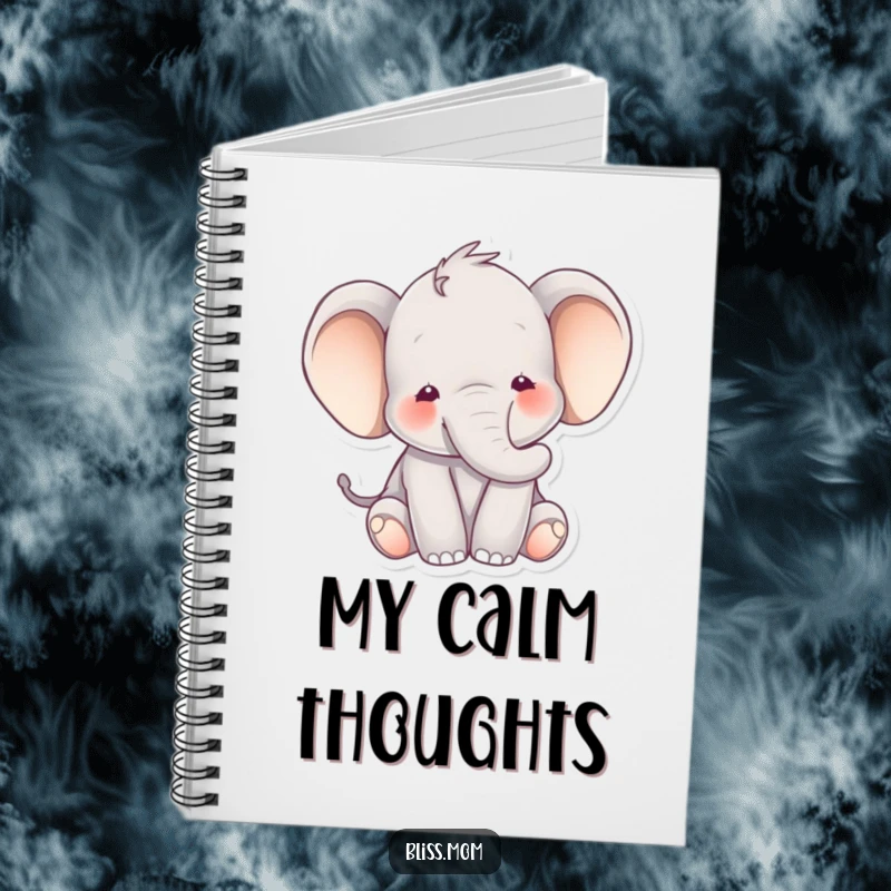 Funny elephant notebook featuring a happy elephant with a peaceful expression surrounded by soft hues, perfect for jotting down calm thoughts.