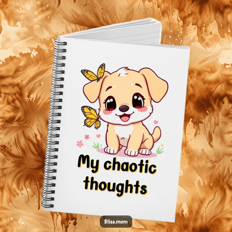 Funny notebook: a cute puppy mom with heart eyes, joyfully chasing a butterfly, for capturing all your happy thoughts.