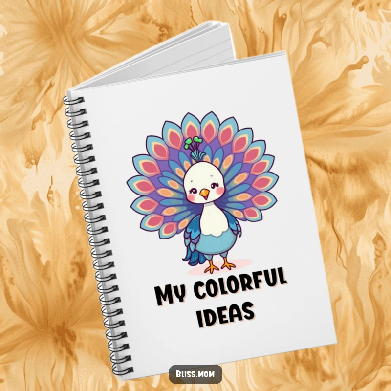 Funny Kawaii Peacock Mom Notebook, proudly spreading colorful tail feathers, perfect for jotting down ideas with elegant flair.