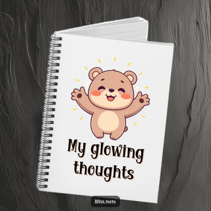 Funny bear notebook featuring a smiling bear embracing a gentle aura, perfect for capturing positive thoughts and daily reflections.