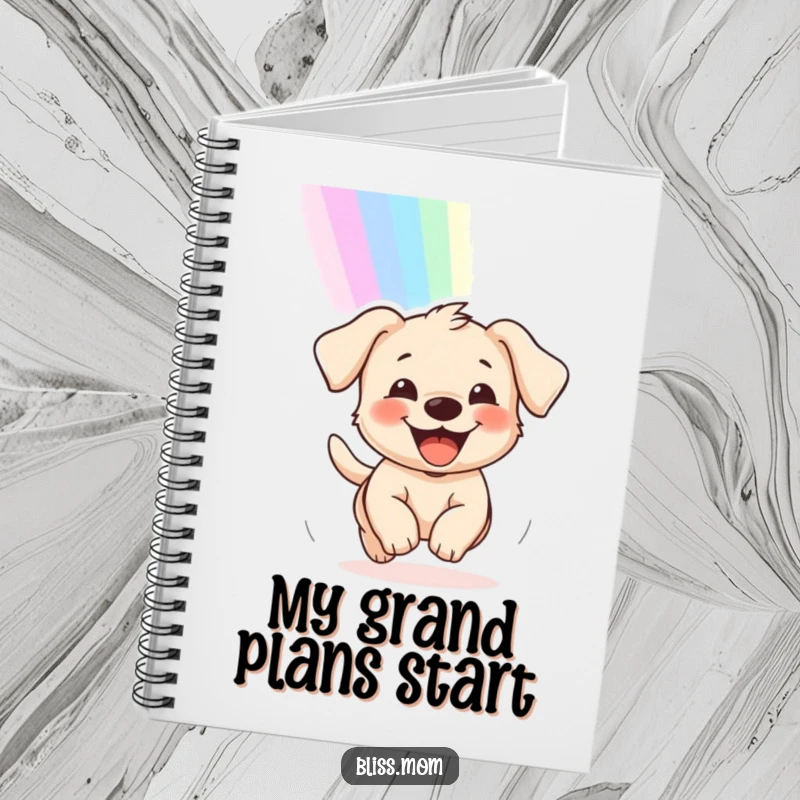 Funny notebook cover with a delighted puppy grinning while chasing a rainbow, ideal for jotting down happy ideas.