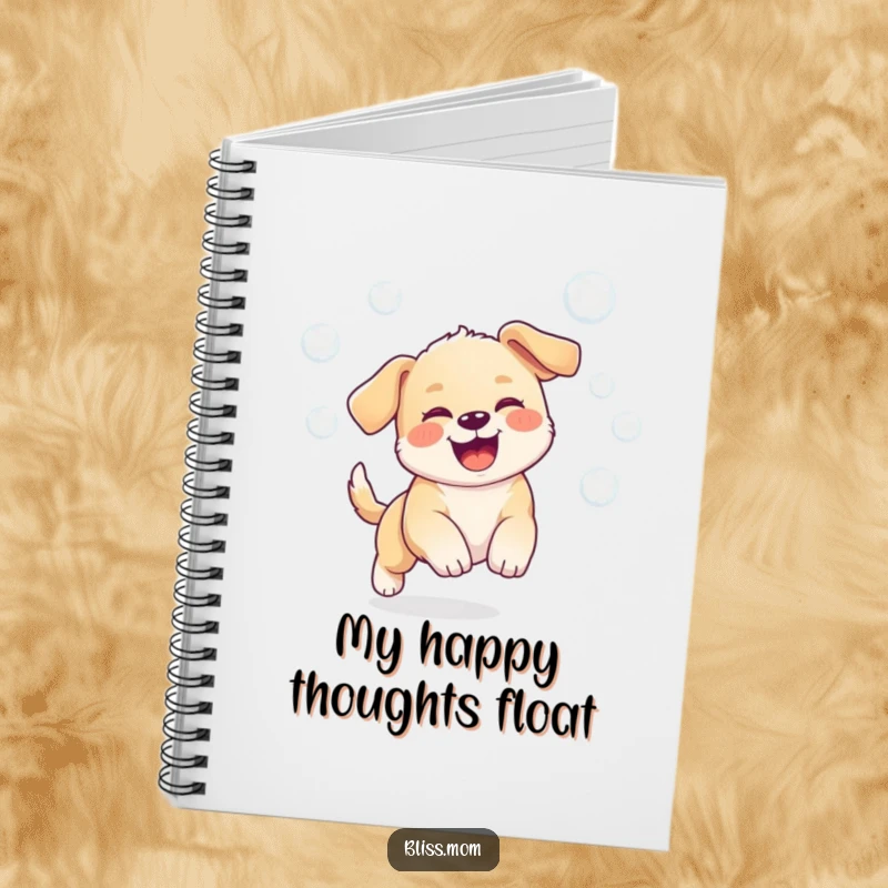 Funny notebook cover with a kawaii puppy joyfully chasing bubbles, great for journaling.