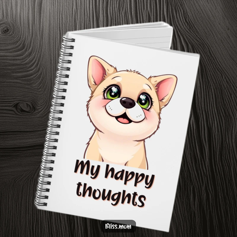 Funny notebook cover featuring a content dog looking upwards with sparkling eyes, radiating pure happiness and inspiring creativity.