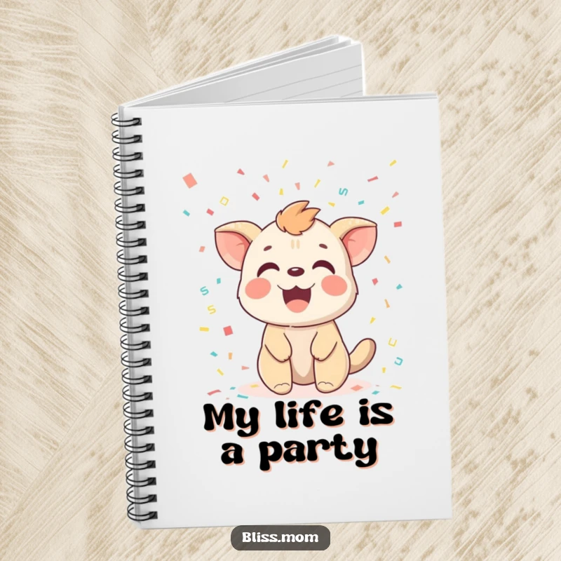 Funny notebook cover with a joyful animal's delighted expression, receiving a festive showering of bright confetti.