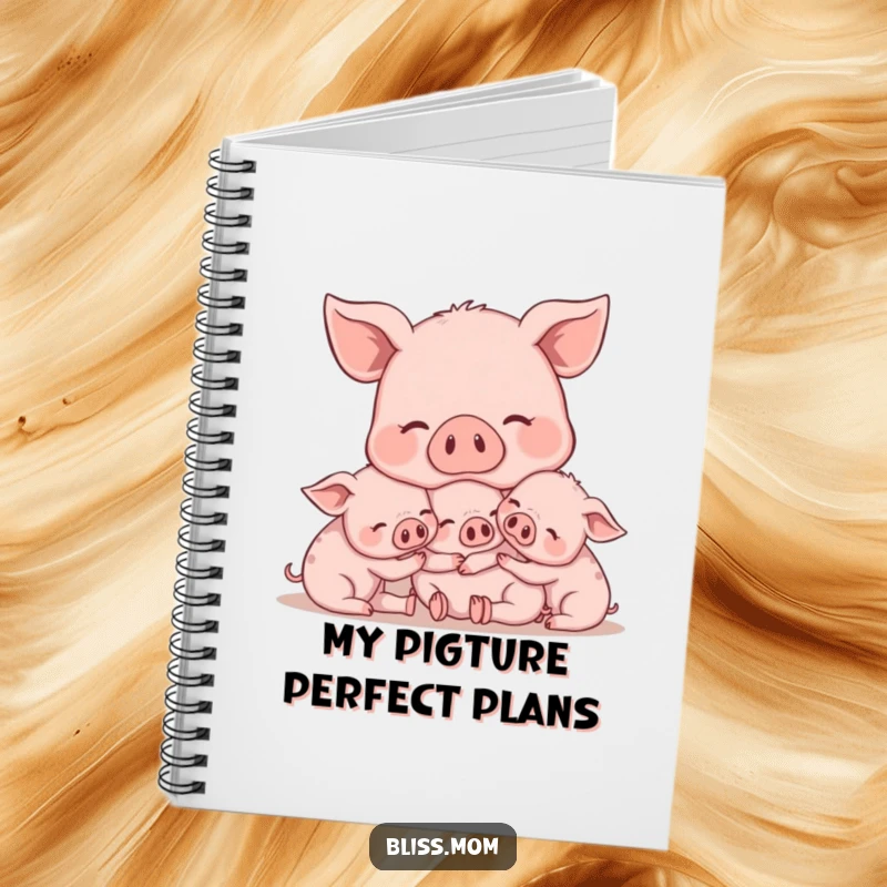 Funny Mama Pig Notebook, featuring a content mama pig snuggling piglets, perfect for writing, journaling, and notes. A cute gift.