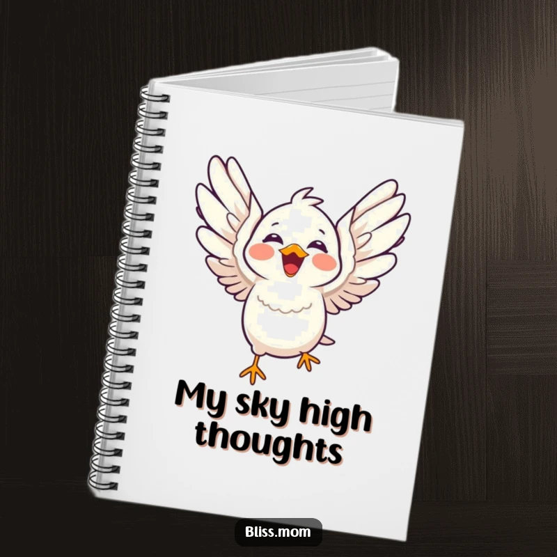 Funny laughing kawaii bird with wings spread wide in flight, cute bird journal, perfect for notes, funny gift.
