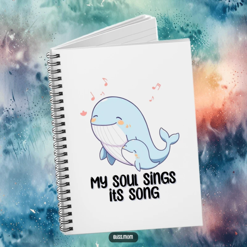 Funny whale mom notebook with a blissful mother whale singing a joyous melody with her calf, great for notes.