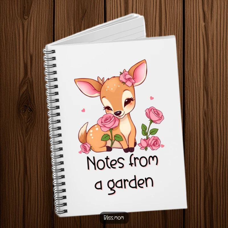 Funny Kawaii Deer Mom Notebook, delightedly smelling a rose, perfect for capturing thoughts with a touch of cute, floral humor.