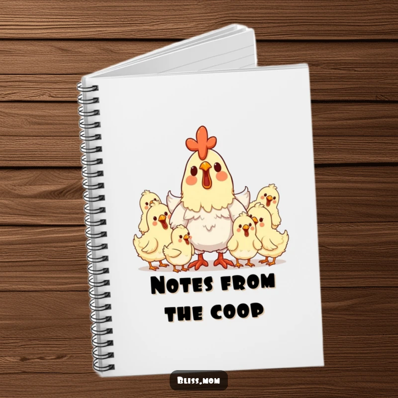 Funny hen mom notebook with a delighted mother hen surrounded by clucking, happy chicks, great for notes.