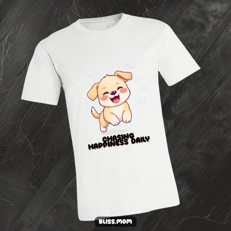 Funny t-shirt featuring a super cute kawaii puppy joyfully chasing floating bubbles, perfect for dog enthusiasts.