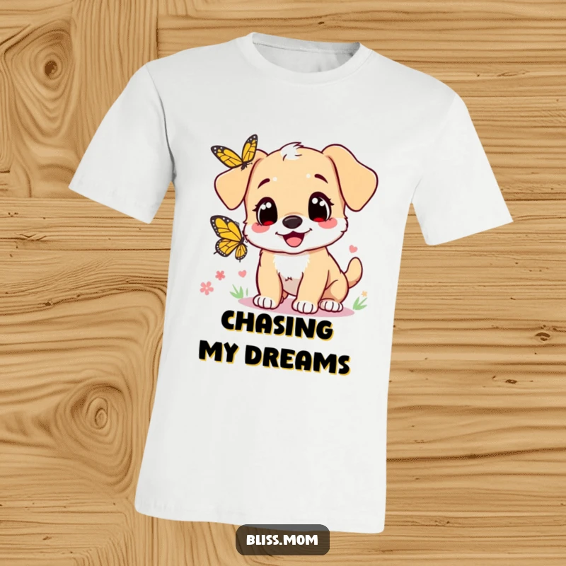 Funny t-shirt: a cute puppy mom with heart eyes, full of joy, chasing a butterfly, celebrating her playful spirit.