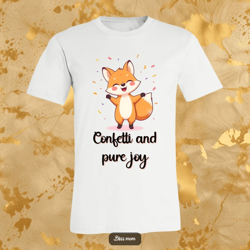 Funny t-shirt showcasing a jubilant fox performing a lively dance move surrounded by festive confetti, expressing pure delight and uncontainable excitement.