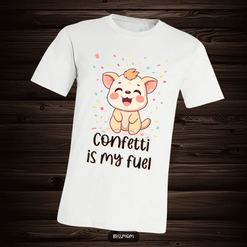 Funny t-shirt of a joyful animal with a gleeful expression, happily showered by a cascade of festive confetti.