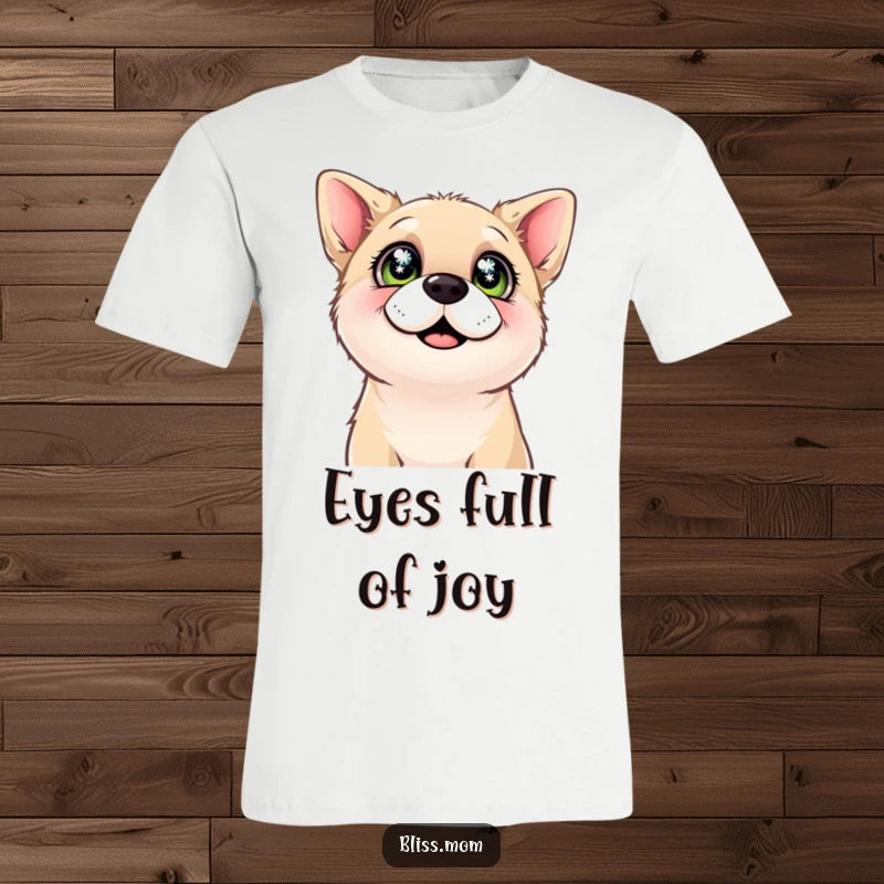 Funny t-shirt showcasing a content dog gazing upwards with wide, sparkling eyes, brimming with happiness and adoration.