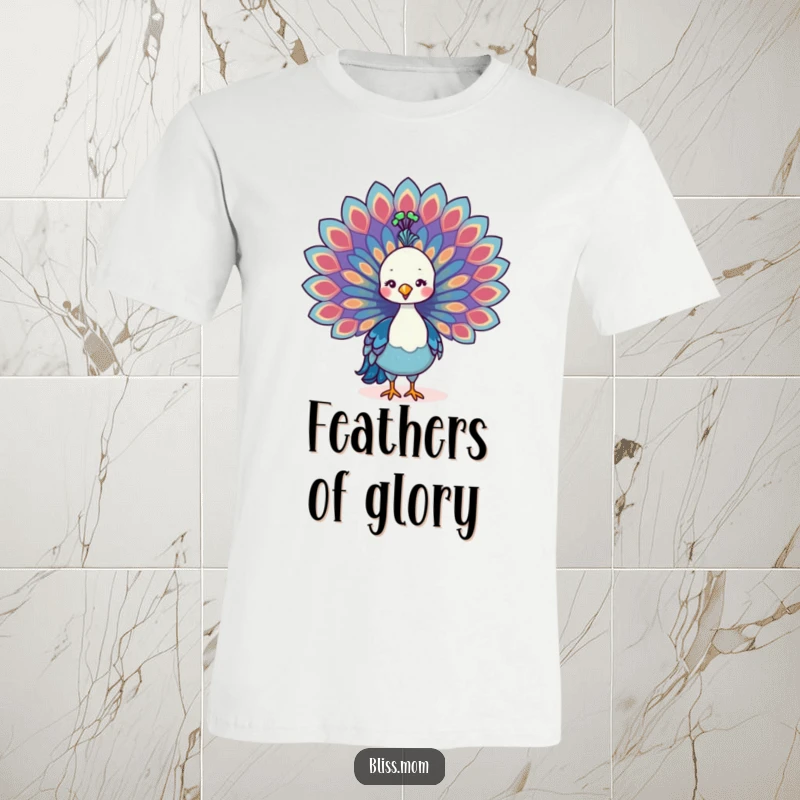 Funny Kawaii Peacock Mom T-Shirt, spreading colorful tail feathers with immense pride and a joyful expression.