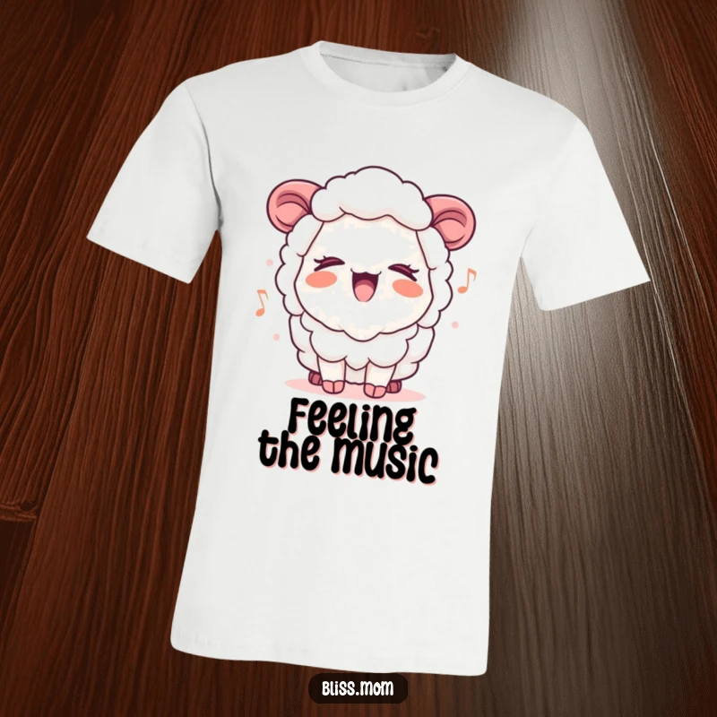 Funny Kawaii Sheep Mom T-Shirt, eyes closed while singing a cheerful tune, showcasing pure musical bliss and comfort.