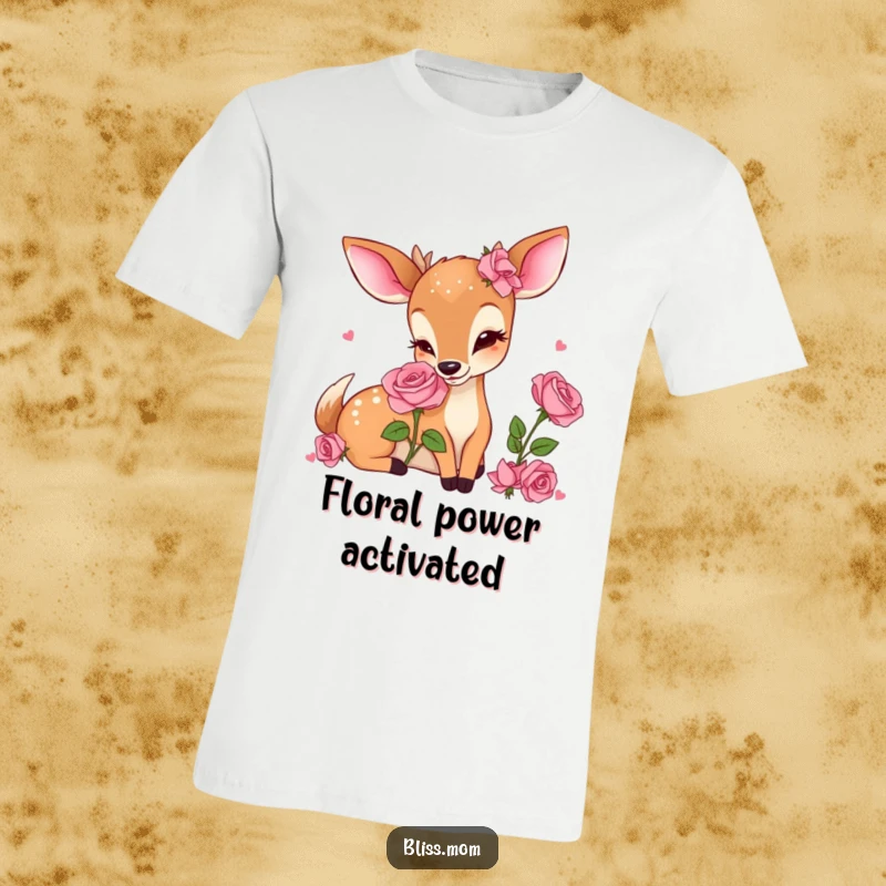 Funny Kawaii Deer Mom T-Shirt, captured in the act of delightedly smelling a beautiful, vibrant rose with eyes closed.