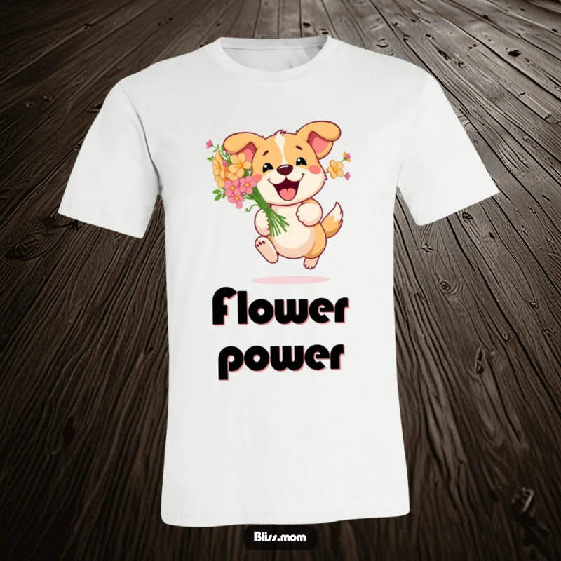 Funny Dog Flower T-Shirt: Happy dog bounds with a bouquet of flowers, symbolizing happiness and celebration. A cute and funny gift.