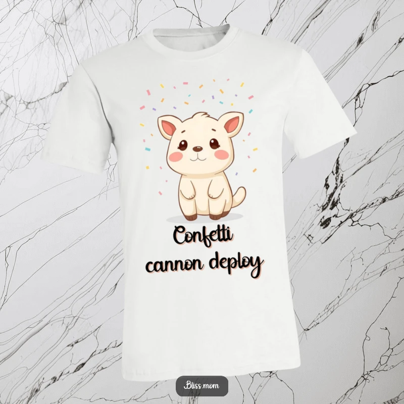 Funny animal t-shirt covered in a gentle cascade of colorful confetti, radiating pure celebratory bliss and happiness.