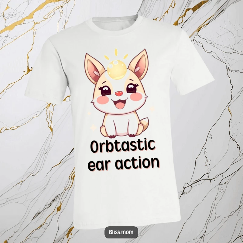 Funny t-shirt of a joyful animal with perked ears, mid-bounce with a glowing orb of light, conveying pure, unadulterated happiness.