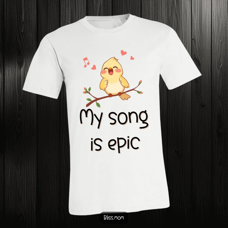 Funny Bird T-Shirt: A happy bird singing its heart out while perched on a branch, full of life.
