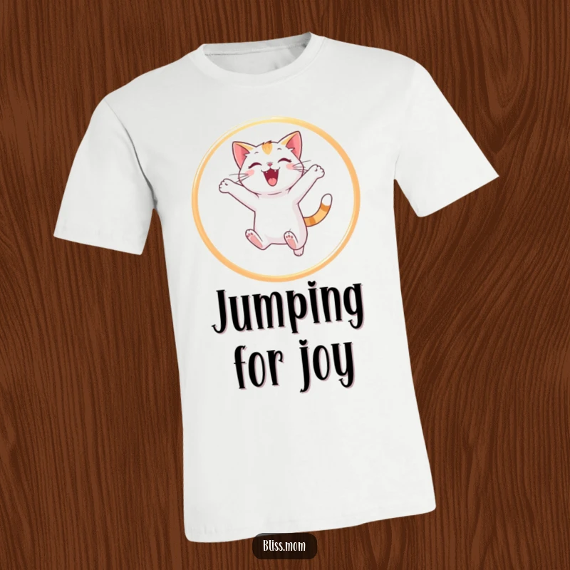 Funny cat t-shirt showing a jubilant cat mid-air, leaping through a glowing hoop of light, embodying playful energy and lightheartedness.