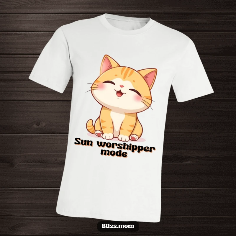 Funny Cat T-Shirt: a blissful cat with closed eyes soaking up a bright sunbeam, radiating peace and happiness.