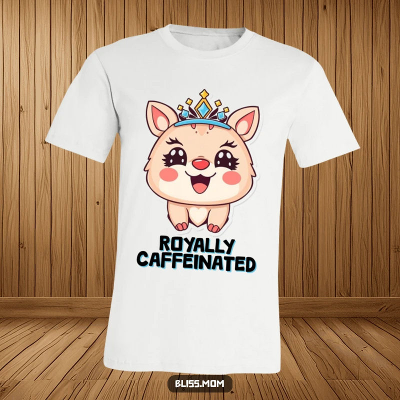 Funny T-shirt featuring a joyful animal with bright eyes, adorned with a sparkling crown and a radiant smile, symbolizing joy.